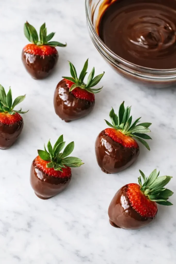Freshly dipped chocolate covered strawberries on marble surface