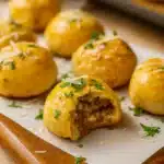 Golden garlic parmesan cheeseburger bombs with beef and cheese filling on parchment paper