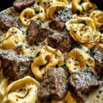 Creamy garlic steak tortellini in white bowl with seared steak bites and parmesan sauce