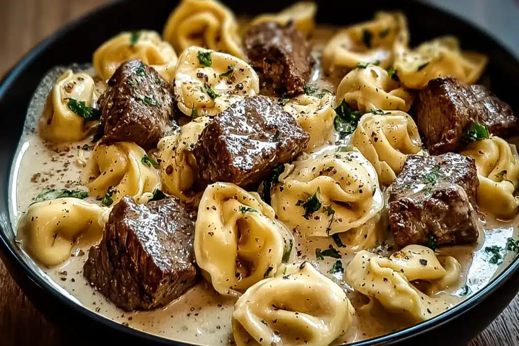 Garlic steak tortellini in creamy parmesan sauce with seared steak bites