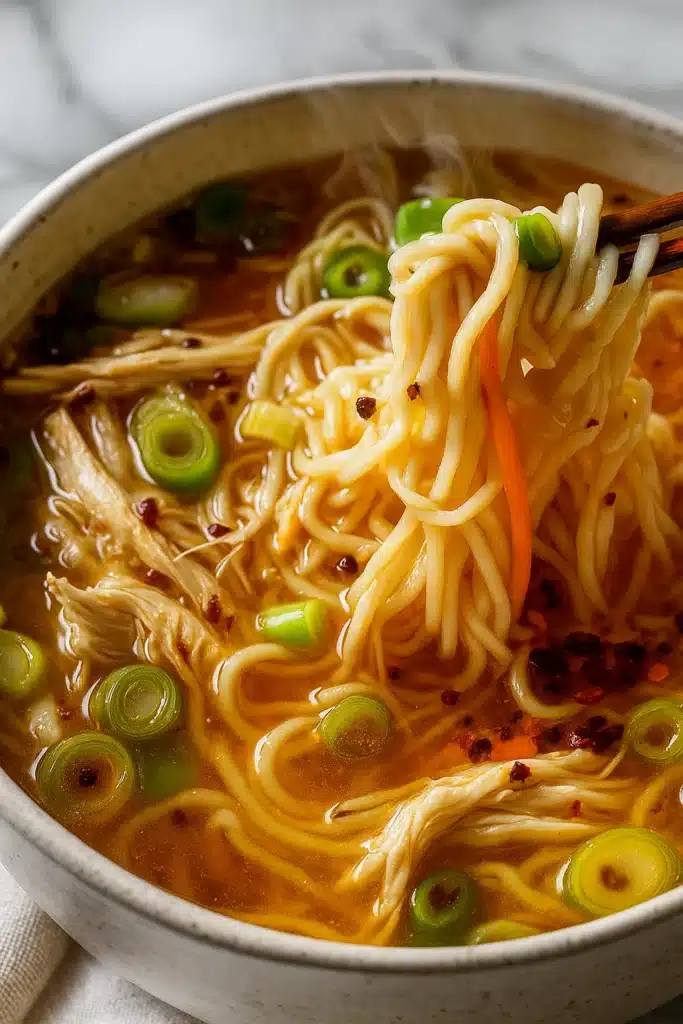 Bowl of ginger scallion chicken noodle soup with noodles, scallions, and chili oil
