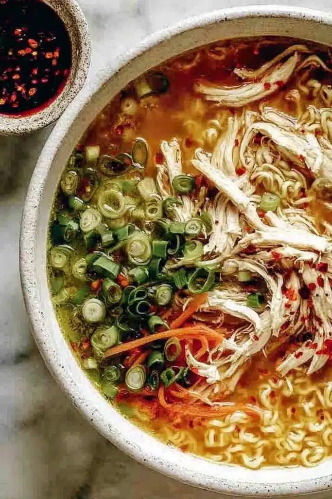Bowl of ginger scallion chicken noodle soup with noodles and scallions