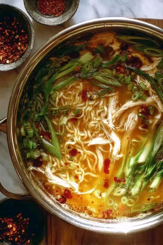 Pot of ginger scallion chicken noodle soup with noodles and scallions