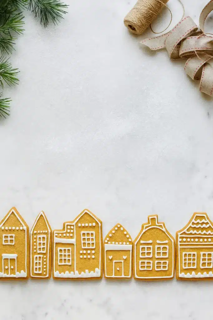 Gingerbread Village Cake – Easy & Decadent Christmas Dessert 7 Gingerbread house cookies with icing and powdered sugar on a white table