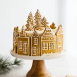Gingerbread village cake with icing trees on top and snow-dusted cookies