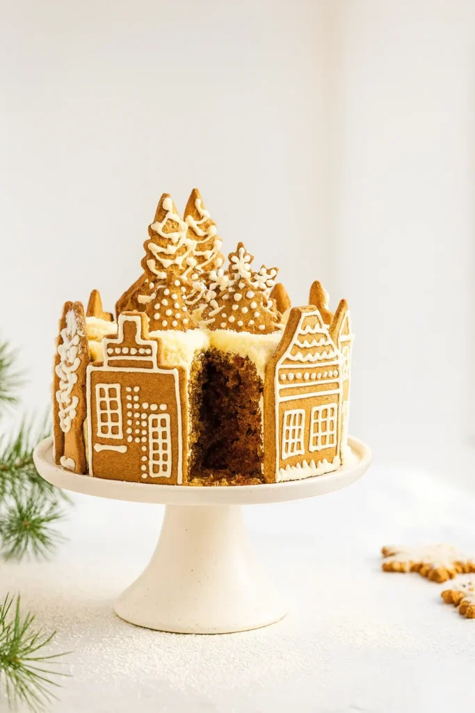 Gingerbread Village Cake – Easy & Decadent Christmas Dessert 8 Gingerbread Village Cake with slice cut out on white stand and icing decorations