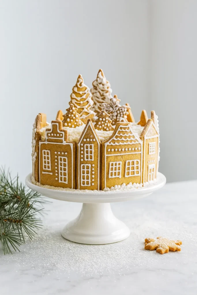 Gingerbread Village Cake – Easy & Decadent Christmas Dessert 6 Gingerbread Village Cake on white stand with icing and snowy cookie houses