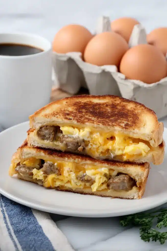 Golden breakfast grilled cheese sandwich with eggs and sausage on white plate