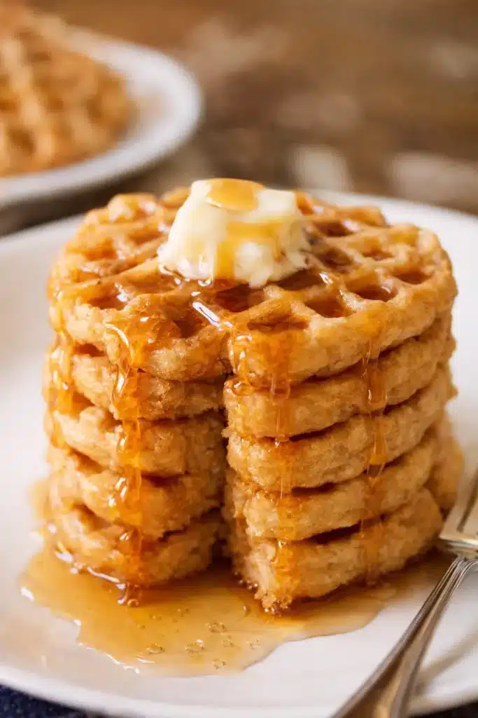 Stack of golden protein waffles with butter and syrup dripping down