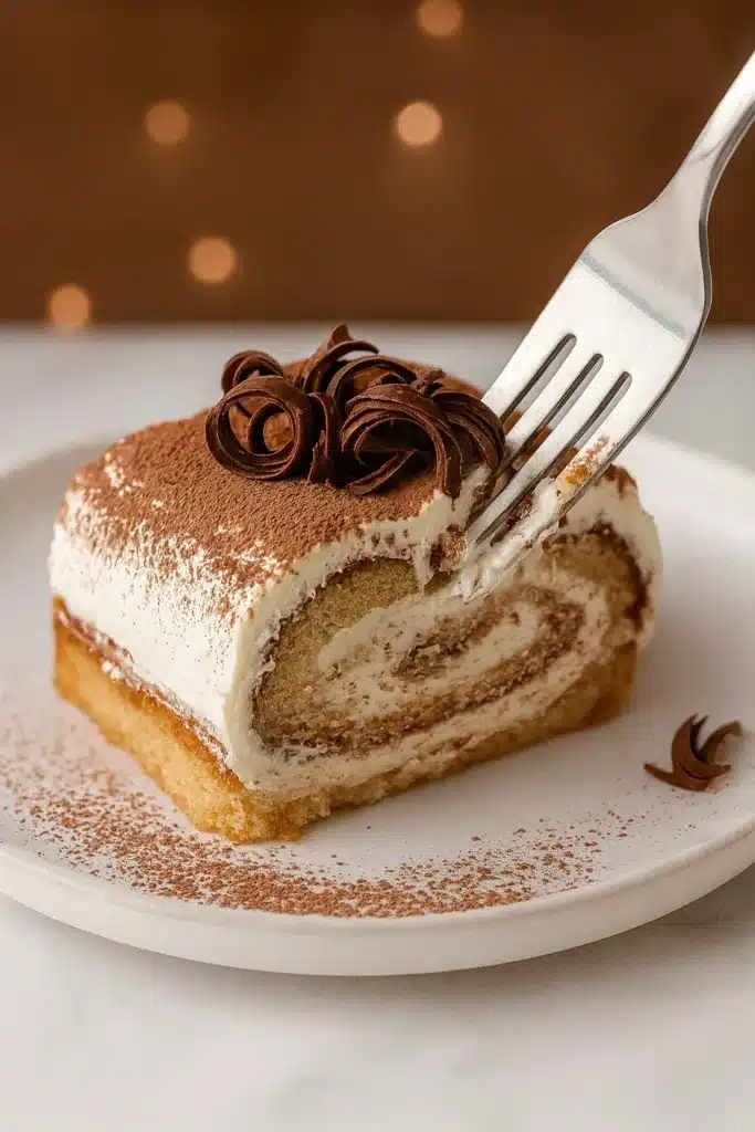 Gourmet Tiramisu Yule Log Cake | Luxurious Holiday Dessert 5 Tiramisu yule log cake slice with fork lifting a creamy bite