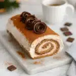 Gourmet tiramisu yule log cake with cocoa dust and chocolate curls on marble