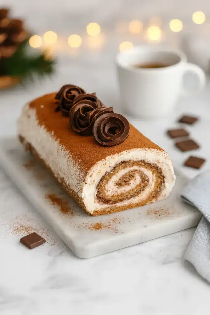 Gourmet tiramisu yule log cake with cocoa dust and chocolate curls on marble