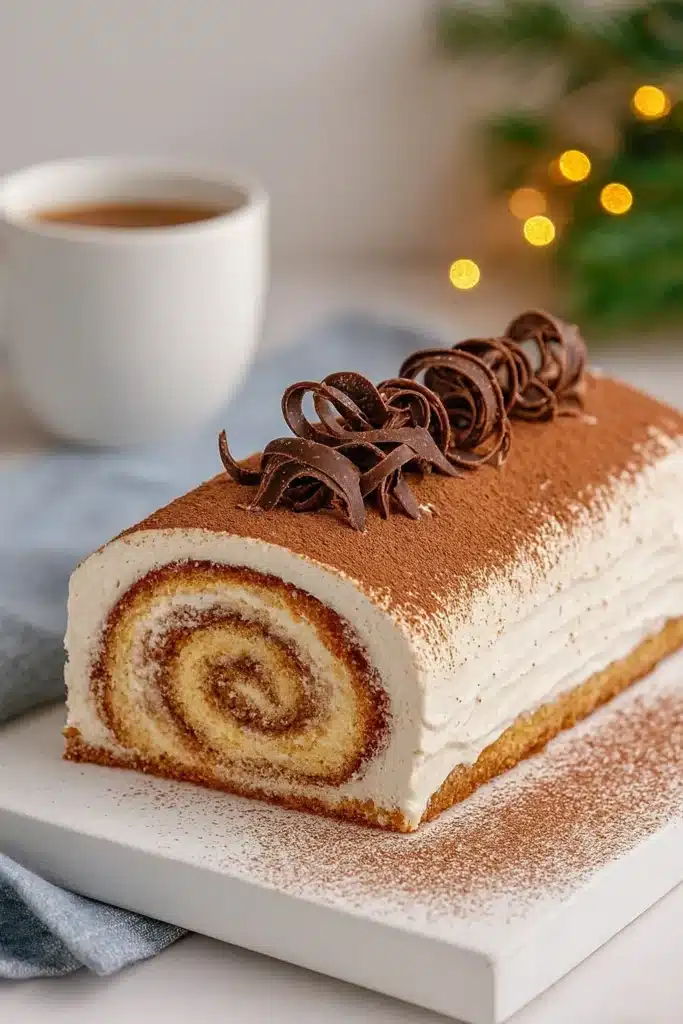 Gourmet Tiramisu Yule Log Cake | Luxurious Holiday Dessert 6 Gourmet tiramisu yule log cake with cocoa and chocolate curls on white board
