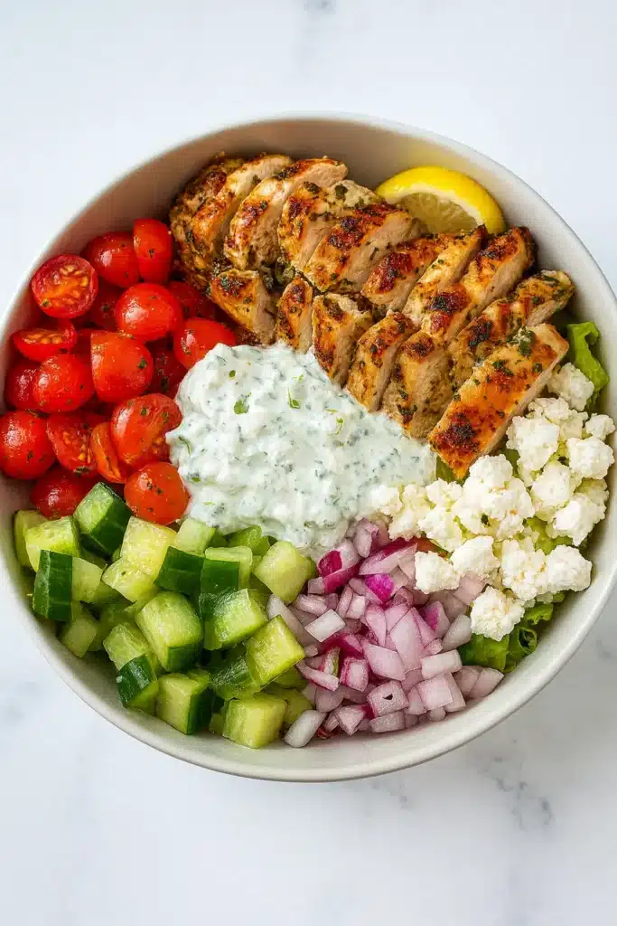 Greek chicken bowl with grilled chicken, feta, tzatziki, and fresh vegetables