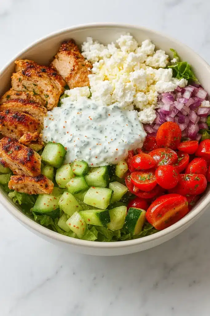 Greek chicken bowl with grilled chicken, feta, tzatziki, cucumber, and tomatoes