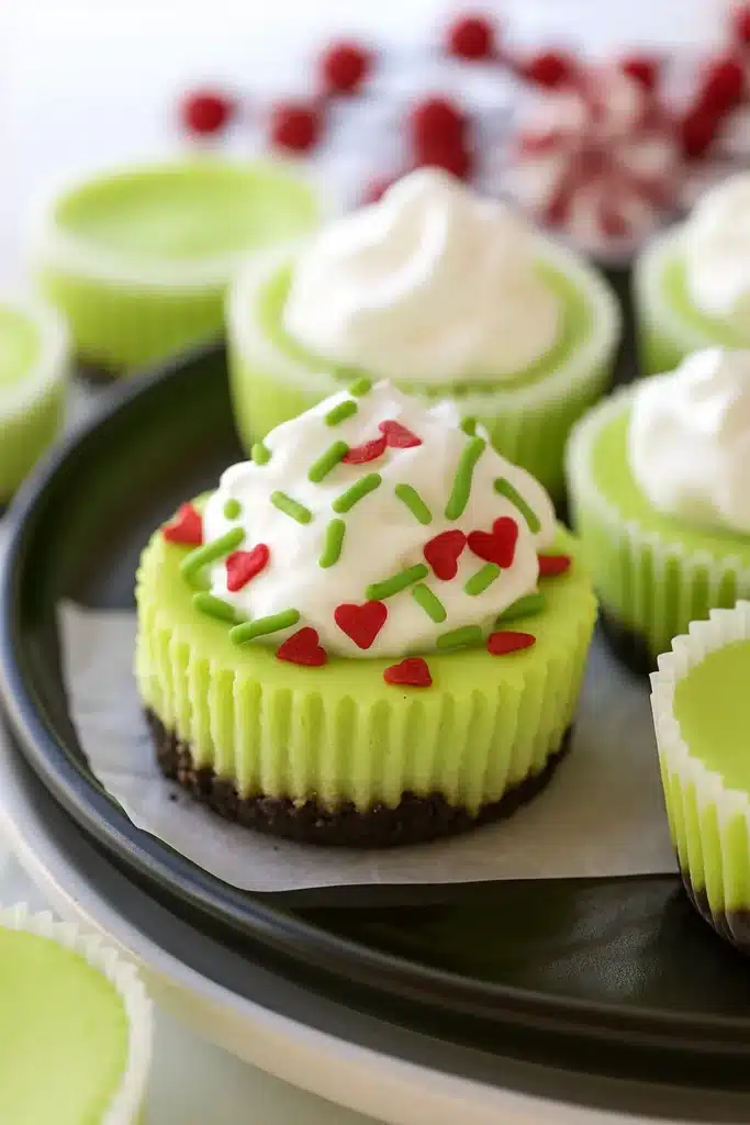 Grinch Mini Cheesecakes – Festive, Fun & Easy Dessert 10 Grinch mini cheesecake topped with whipped cream and festive red and green sprinkles