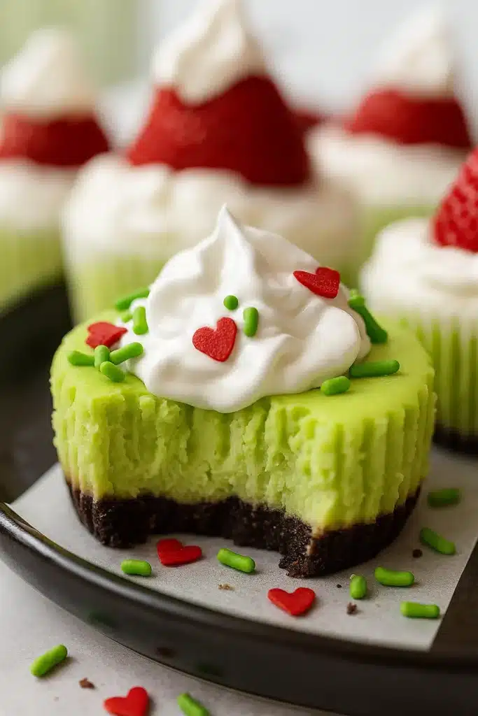 Grinch Mini Cheesecakes – Festive, Fun & Easy Dessert 9 Partially eaten Grinch mini cheesecake with whipped cream and Oreo crust