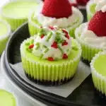 Grinch mini cheesecakes with Oreo crust, whipped cream, and festive red and green sprinkles