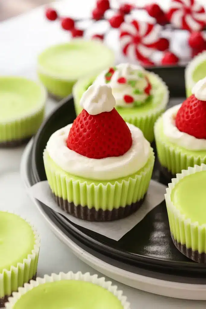 Grinch Mini Cheesecakes – Festive, Fun & Easy Dessert 8 Grinch mini cheesecakes with whipped cream and strawberry Santa hats