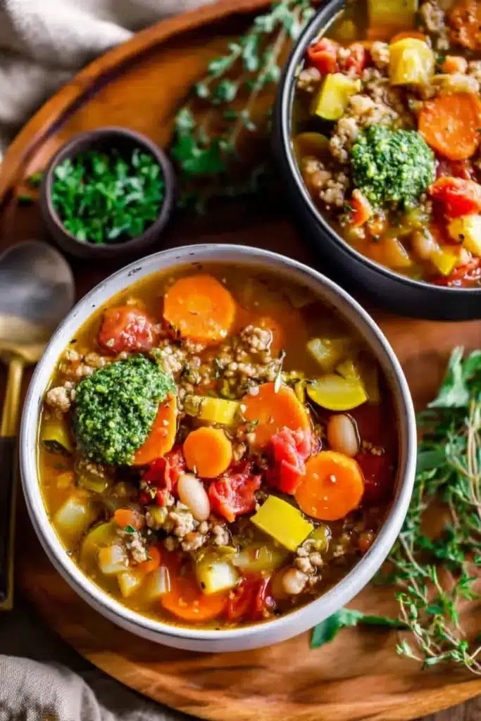 Ground Turkey Vegetable Soup | Simple & Healthy Comfort 9 Two bowls of ground turkey vegetable soup with carrots, squash, and pesto on wooden tray