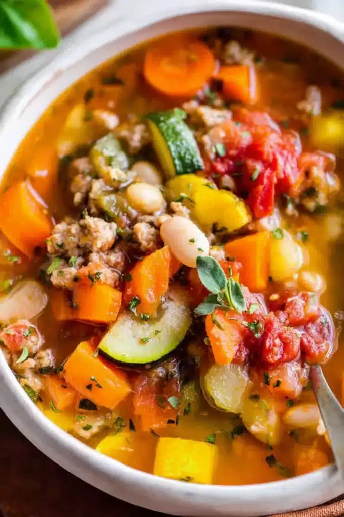 Ground Turkey Vegetable Soup | Simple & Healthy Comfort 8 Ground turkey vegetable soup close-up with colorful vegetables in white bowl