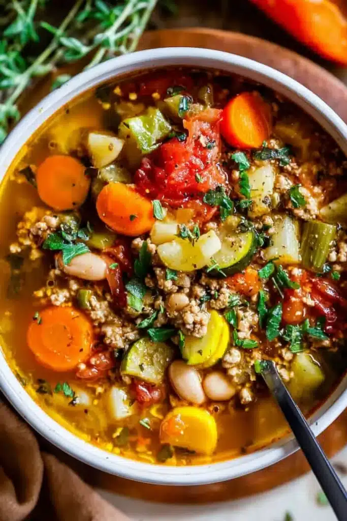Ground Turkey Vegetable Soup | Simple & Healthy Comfort 7 Ground turkey vegetable soup with colorful vegetables in a rustic ceramic bowl