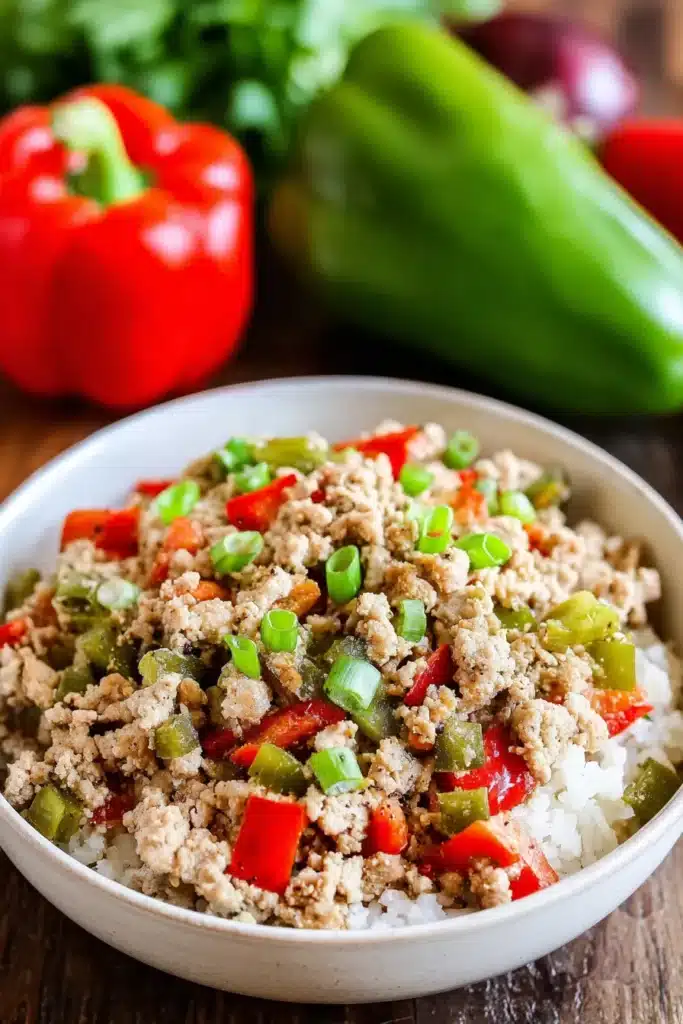 Ground turkey and peppers served over rice in a white bowl