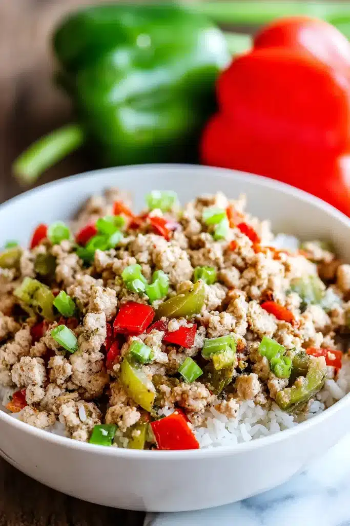 Ground Turkey and Peppers | Quick, Healthy, Flavorful Dinner 5 Ground turkey and peppers with rice in a white bowl on gray table