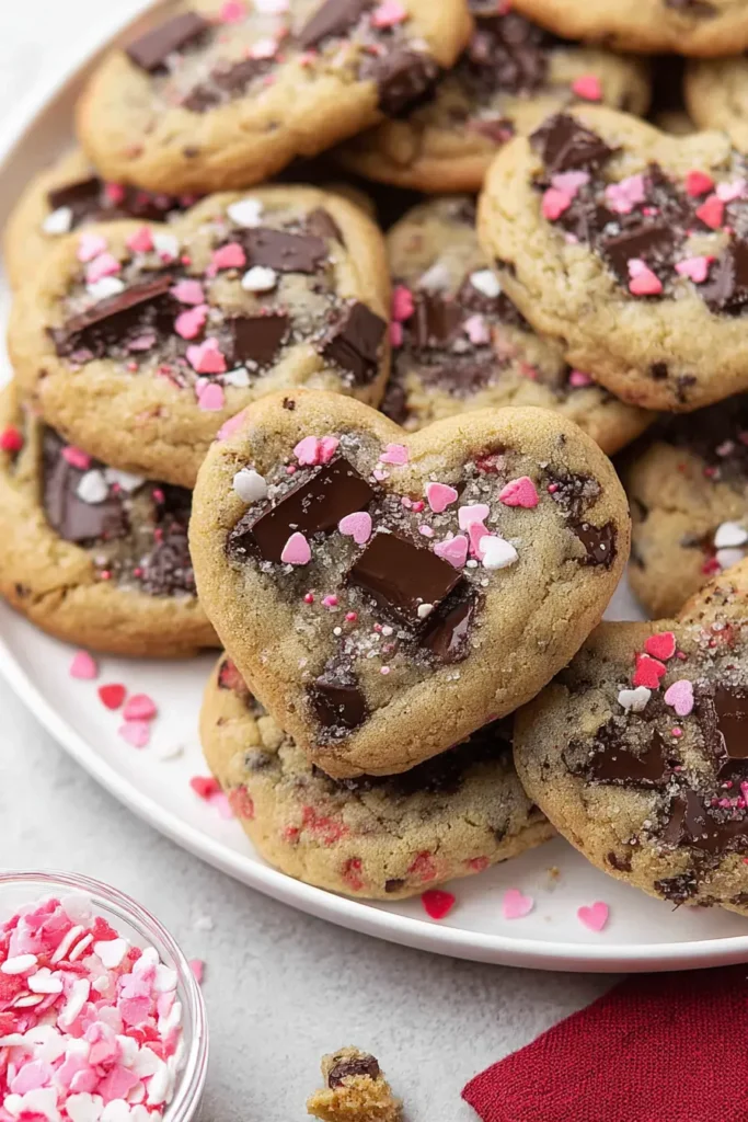 Heart Shaped Chocolate Chip Cookies – Soft, Sweet, and Chewy 6 Close up of heart shaped chocolate chip cookies with melted chocolate and pink sprinkles