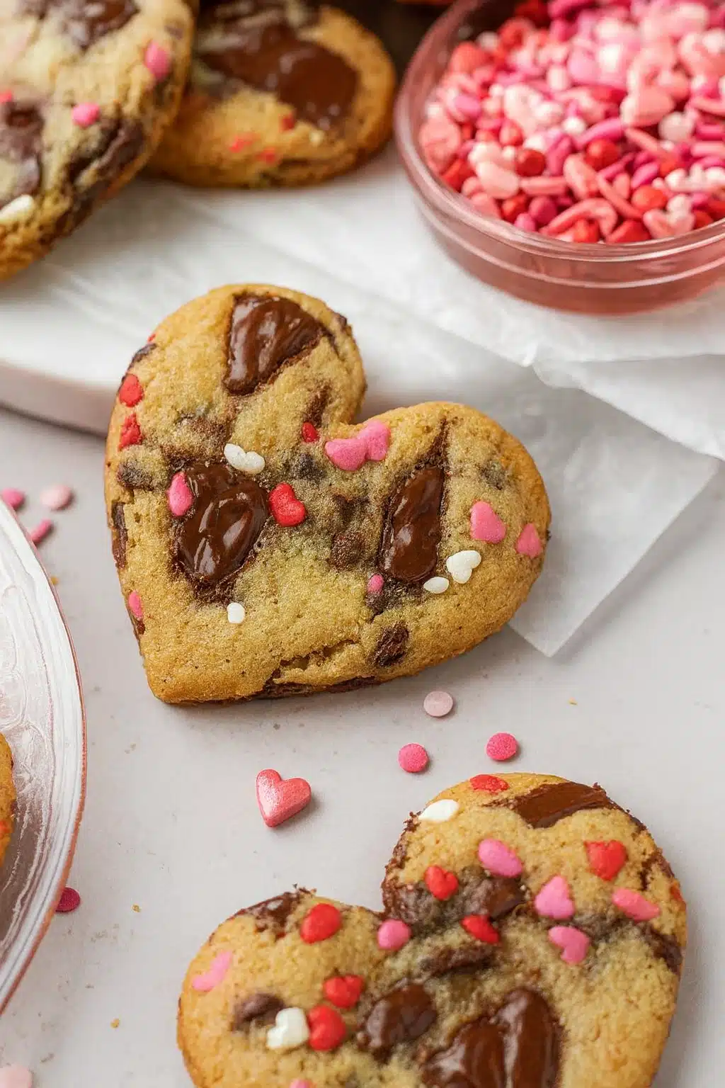 Heart shaped chocolate chip cookies with melted chocolate and pink sprinkles