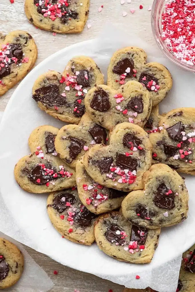 Heart Shaped Chocolate Chip Cookies – Soft, Sweet, and Chewy 5 Heart shaped chocolate chip cookies stacked on white plate with pink sprinkles