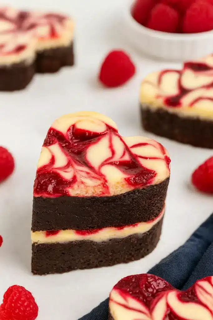 Heart Shaped Brownies – Delicious Fudgy Valentine Treat 6 Heart shaped raspberry cheesecake brownie with glossy swirl layers