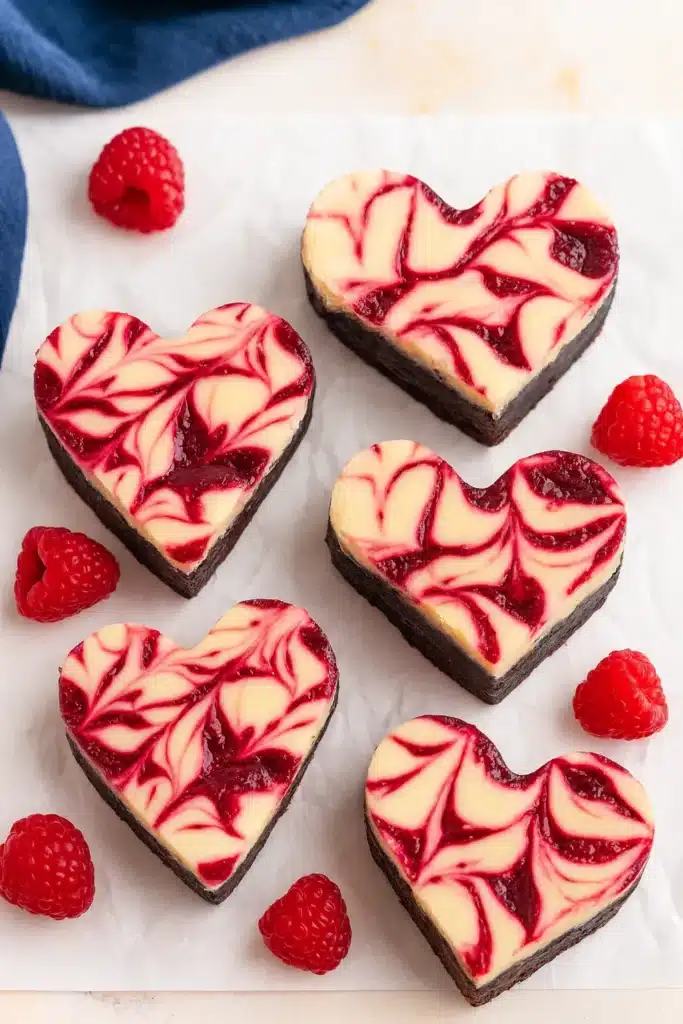 Heart Shaped Brownies – Delicious Fudgy Valentine Treat 8 Heart shaped raspberry cheesecake brownies with glossy swirl pattern