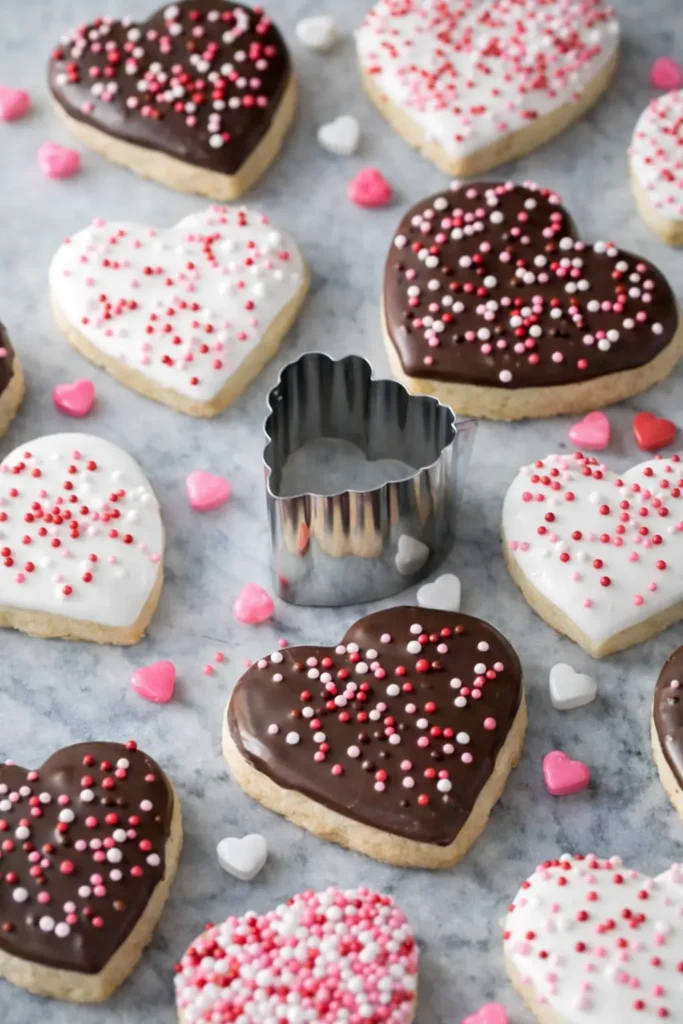 Heart-shaped Valentine cookies with chocolate, sprinkles, and cookie cutter