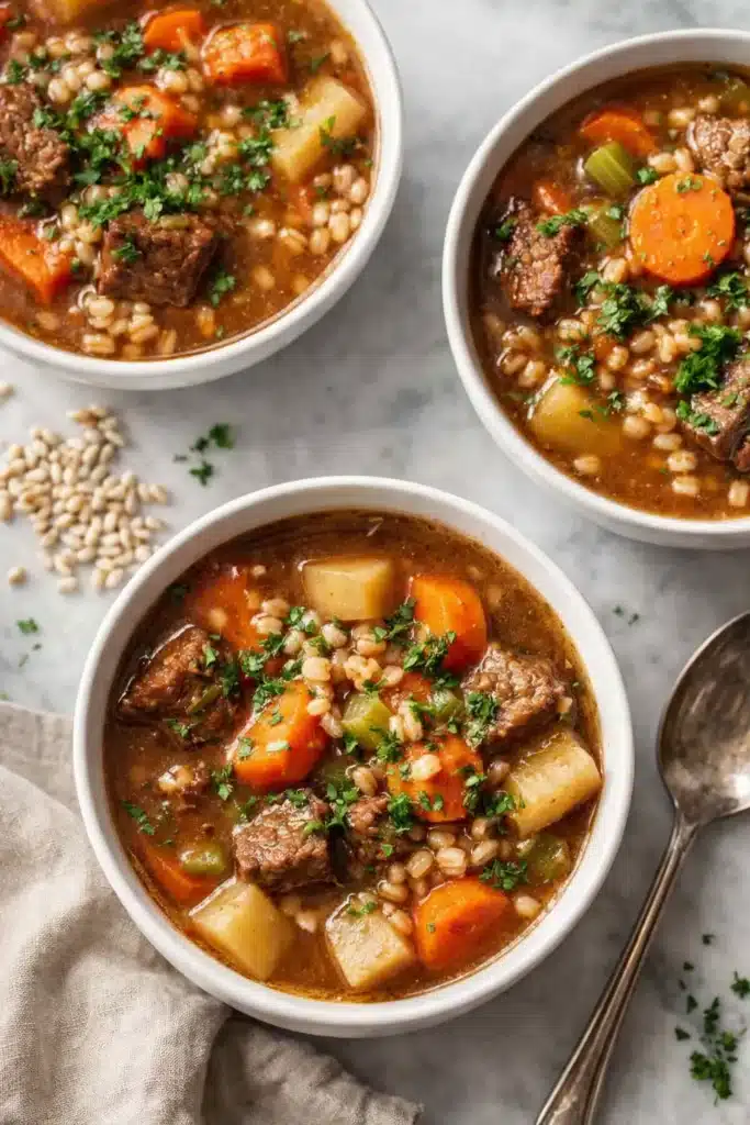 Three white bowls of hearty crockpot beef and barley soup with carrots and potatoes