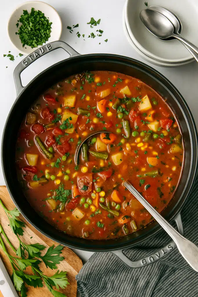 Pot of homemade vegetable soup with carrots, potatoes, and green beans