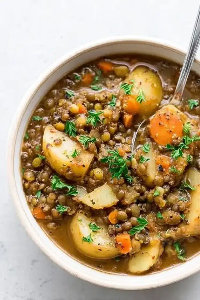 Warm bowl of lentil potato soup with carrots and parsley on light surface