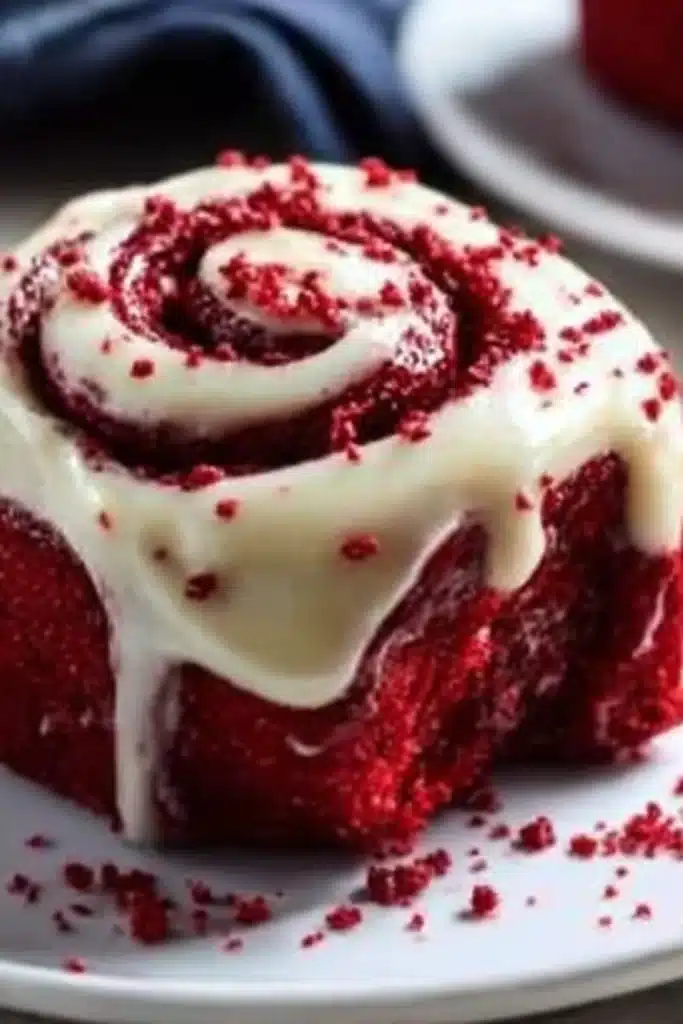 Heavenly Red Velvet Cinnamon Rolls | Soft & Amazing Treat 6 Heavenly Red Velvet Cinnamon Roll with cream cheese frosting and red crumbs