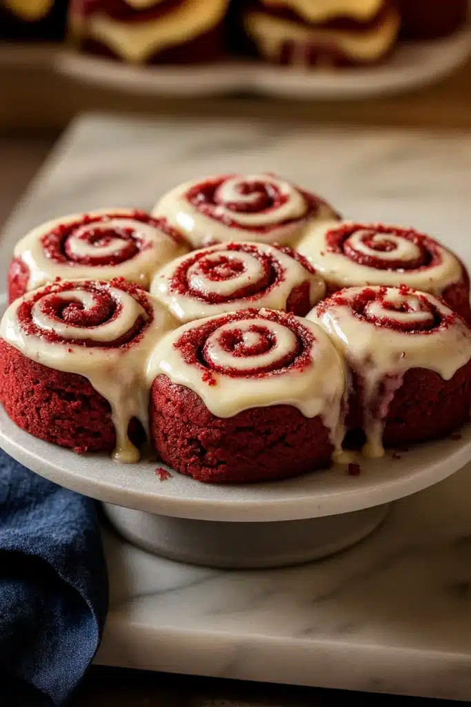 Heavenly Red Velvet Cinnamon Rolls | Soft & Amazing Treat 7 Heavenly Red Velvet Cinnamon Rolls with cream cheese frosting on white plate