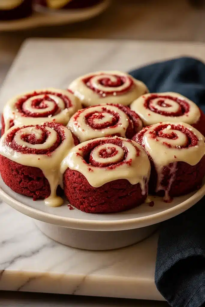 Heavenly Red Velvet Cinnamon Rolls | Soft & Amazing Treat 8 Heavenly Red Velvet Cinnamon Rolls on a white ceramic plate with blue napkin