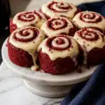 Heavenly Red Velvet Cinnamon Rolls on a white ceramic plate with cream cheese frosting