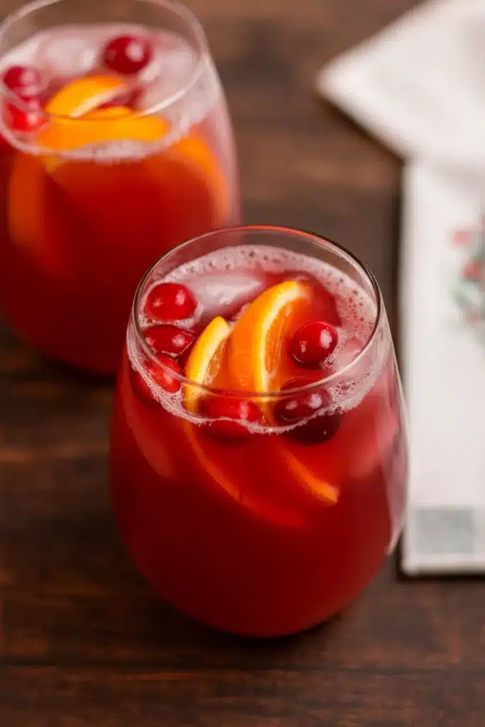 Holiday Punch Recipe | Easy, Festive & Delicious Drink 5 Two glasses of holiday punch with oranges and cranberries on brown table