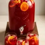 Holiday punch with oranges and cranberries in glass dispenser and glasses