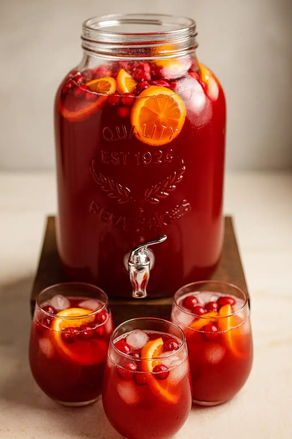 Holiday punch with oranges and cranberries in glass dispenser and glasses