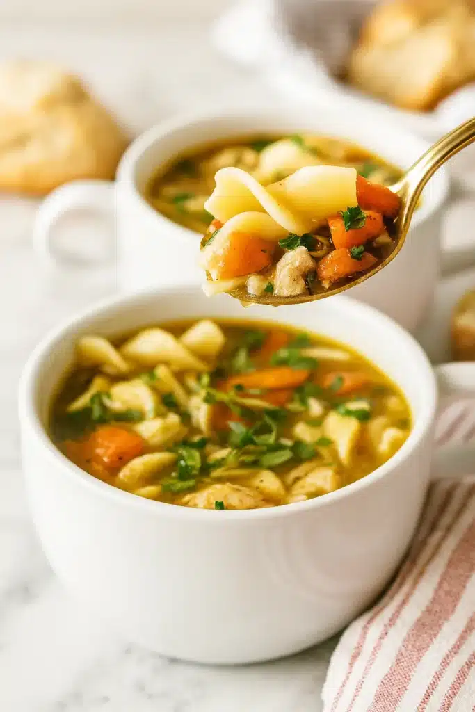 Bowl of chicken noodle soup with egg noodles and red napkin