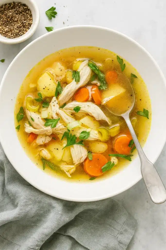 Bowl of homemade chicken soup with carrots and parsley