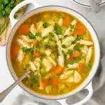 Homemade chicken soup in a white pot with carrots, celery, and herbs
