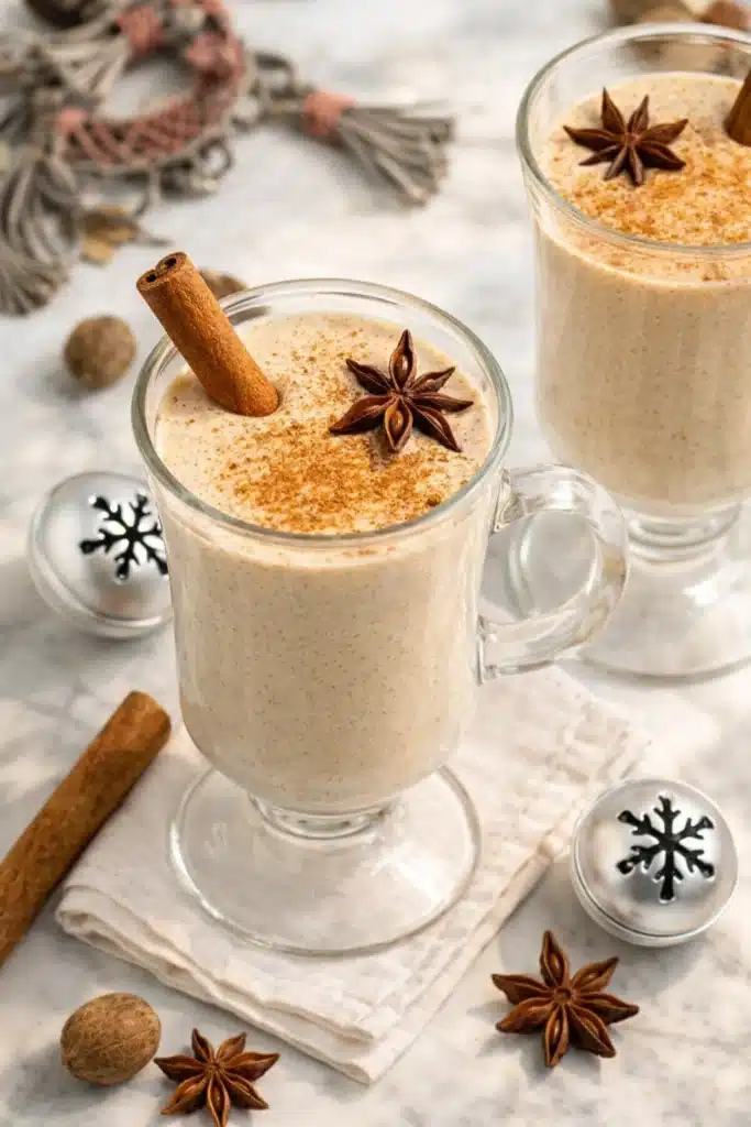 Homemade eggnog in glass mugs with cinnamon and star anise on white marble