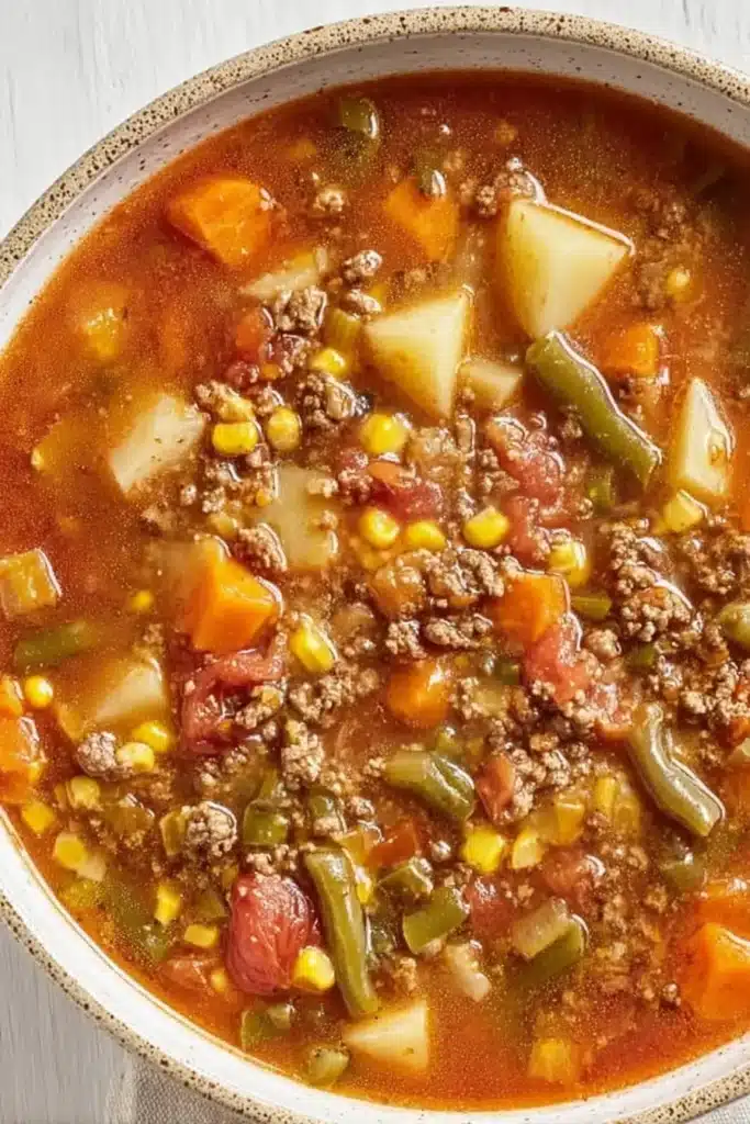 Bowl of hearty hamburger soup with beef, potatoes, and vegetables