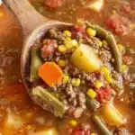 Hearty hamburger soup with beef, potatoes, and vegetables in a tomato broth